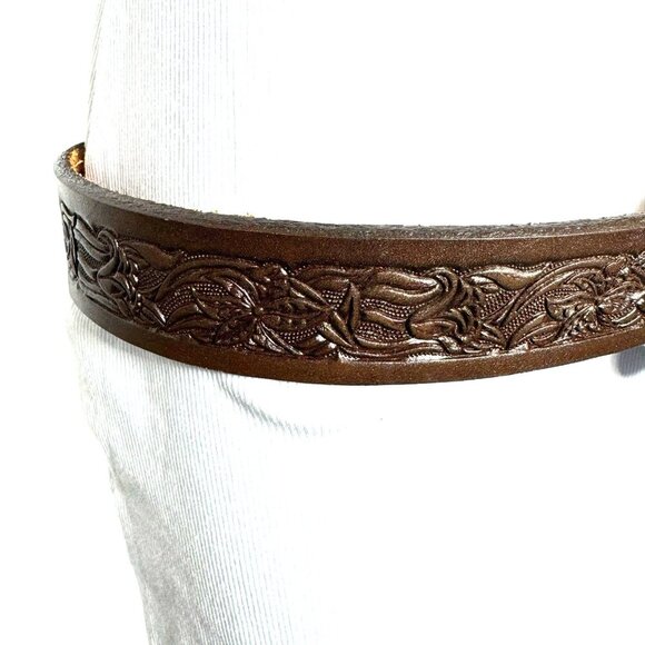 Vintage Tooled Leather Belt Size 38 Brown & Goldstone cabochons Womens Western - Picture 4 of 11